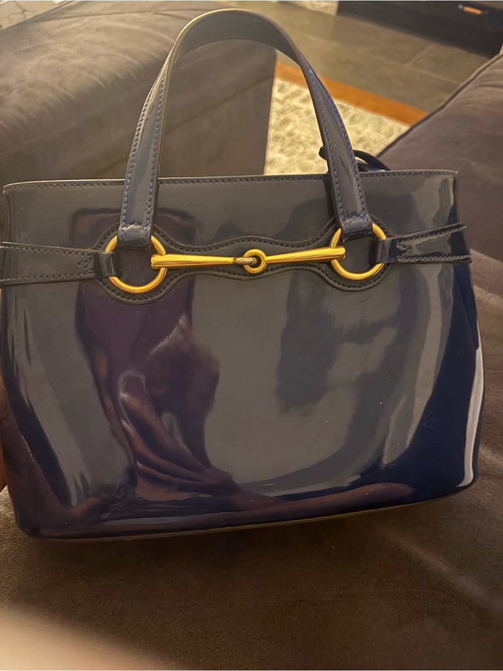 Gucci Classic Patent Leather Horsebit Bag with Gold Hardware - Navy